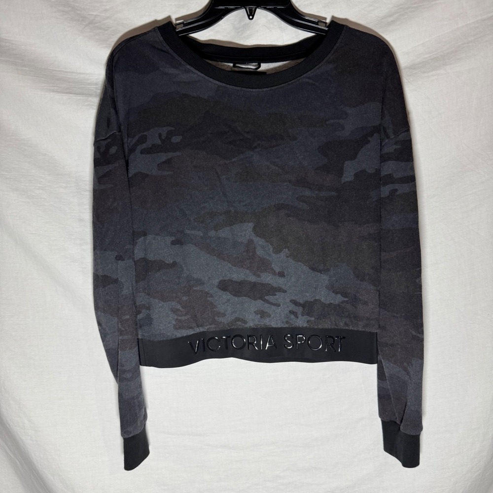 Victoria Sport Womens Camo Cropped Sweatshirt Black Gray Athleisure Size M